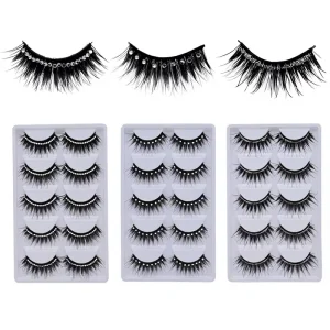 TS031 Synthetic Hair Semi Hand Made False Eyelashes Black Cotton Stalk Band 0.07MM Thickness Slender Dense Smoky Eye Makeup