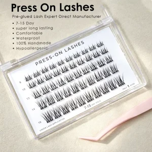 Waterproof Press on Cluster Lashes 100% Handmade 7-15 Days Stay for UK France Market Fluffy Wispy Style Custom Cardboard Box ISO